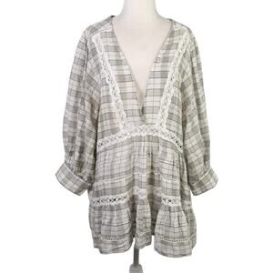 Free People Time Out Grey and Cream Plaid Tunic Top Small